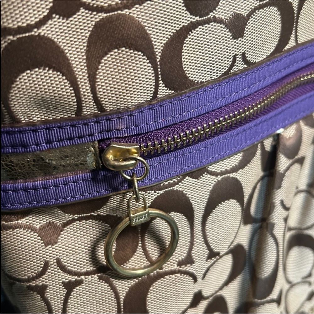 Coach Tan Signature Canvas Tote with Purple Trim and Plaid Scarf - Picture 4 of 9
